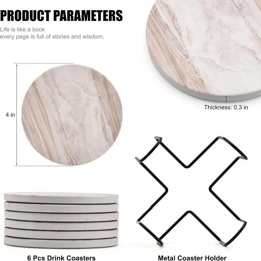 6Pcs Drink Coasters with Holder, Marble Style Ceramic Drink Coaster, Absorbent C